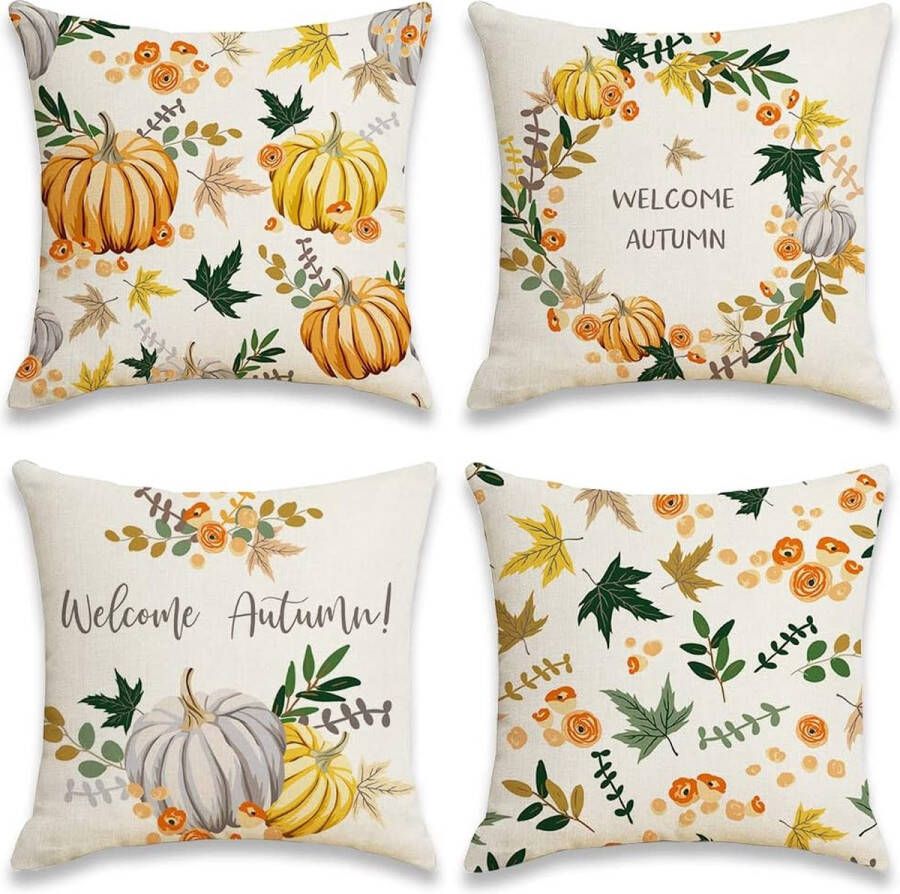 Merkloos Pakket van 4 kussenhoezen Herfst kussenhoezen 45 x 45 cm Esdoornblad kussenovertrek Decoratieve kussenovertrek Thanksgiving Bankkussen Herfst Kussenovertrek Decoratief kussen Sofa kussen