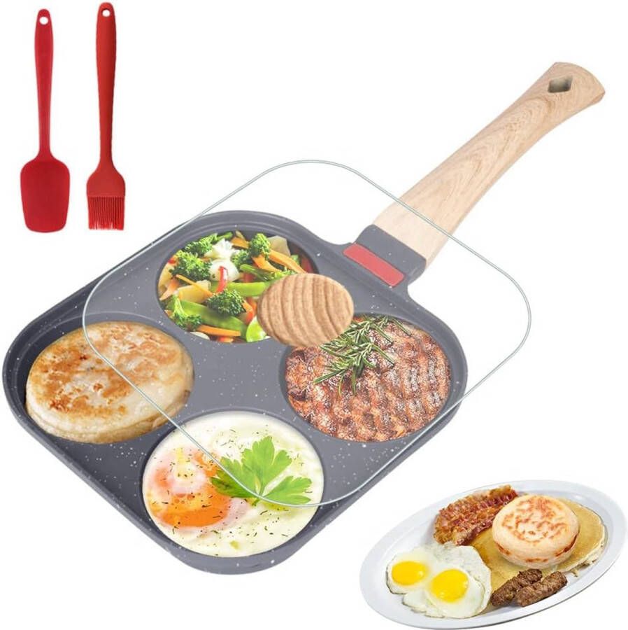 Merkloos Pannenkoekenpan met 4 gaten multifunctionele ontbijtpan met deksel antiaanbaklaag spiegeleipan outdoor keuken eierpan aluminium omeletpan ontbijt voor inductie gasfornuis