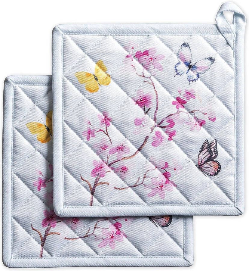 Merkloos Pannenlappen 100% katoen paas-pannenhouder set van 2 hittebestendig met strik hot pads voor keuken bakken koken blossoms in de lente zomer (20 cm x 20 cm)