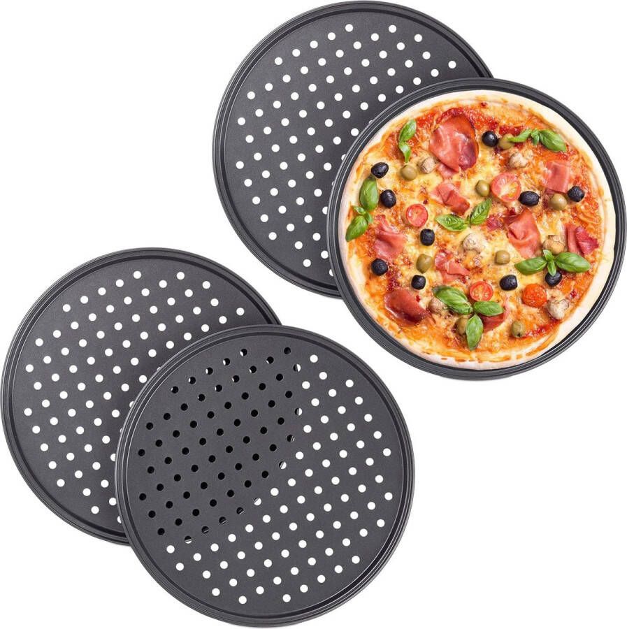 Merkloos pizza bakplaat set van 4 rond geperforeerd anti aanbak pizzaplaat staal pizzavorm ∅ 32 cm antraciet