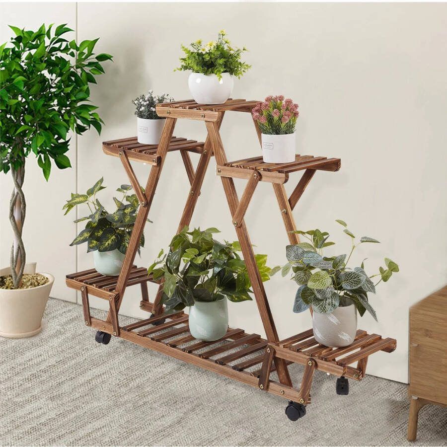 Merkloos Plantenrek op wielen Wandrek Planten Driehoek vorm Ladder Kast 6 Planken 6 Laags Hout Binnen buiten