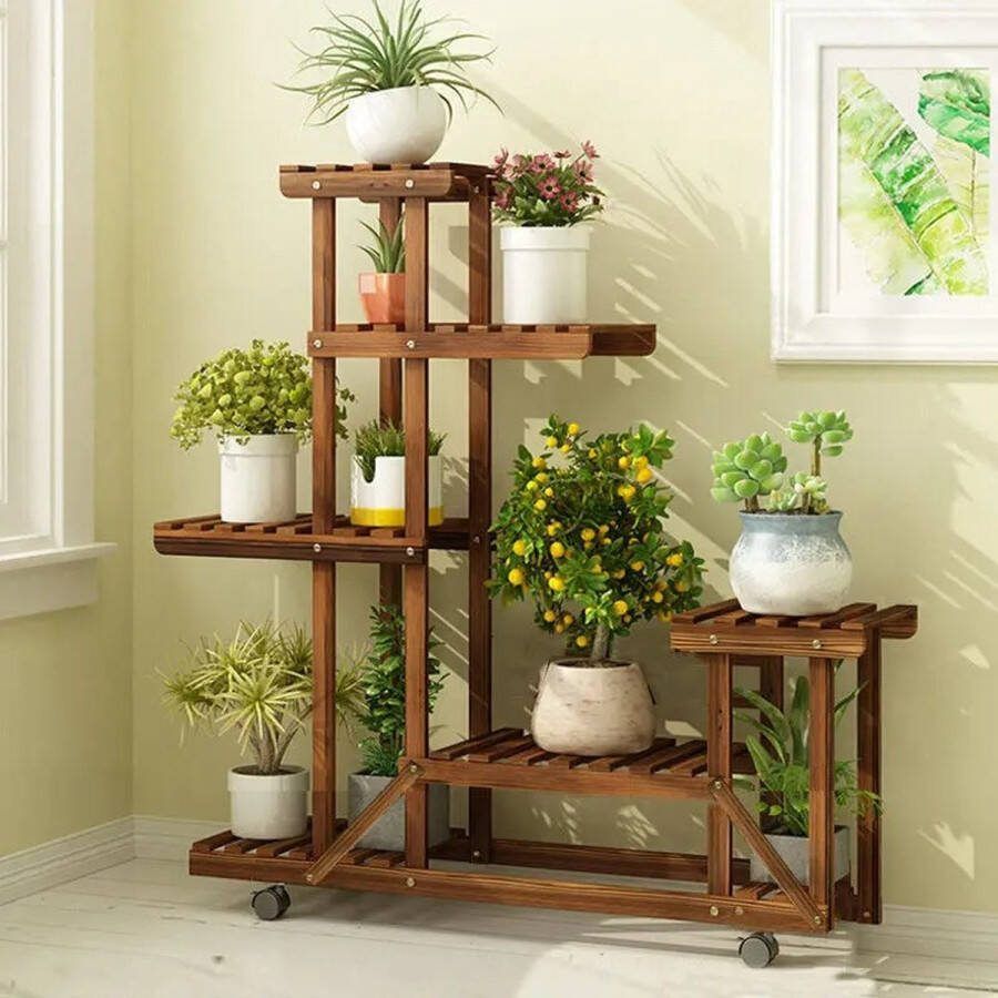 Merkloos Plantenrek Vakkenkast Verplaatsbaar Wielen Binnen en Buiten Grenenhout 6 Vakken 95x26x96 cm Kantoor Huiskamer Tuin Dressoir