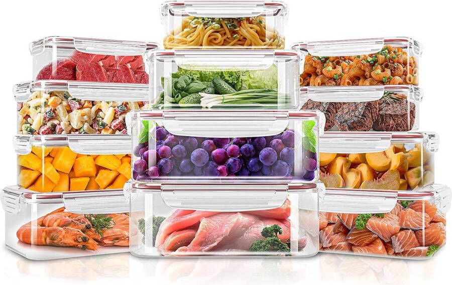 Merkloos Plastic luchtdichte voedselopslagcontainers 24 stuks (12 containers en 12 deksels) Plastic voedselcontainers met deksels voor keuken en bijkeuken lekvrij (rood)