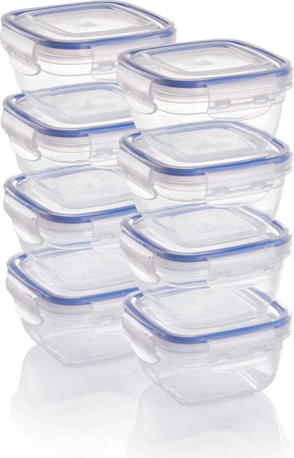 Merkloos Plastic voedselopslagcontainers set 8 x voorraadpotten met deksels vierkant stapelbaar breekbaar magnetron- en vaatwasmachinebestendig