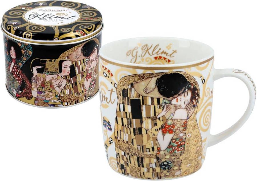 Merkloos Porseleinen beker voor thee of koffie in metalen doos thee koffie suiker jerrycan bewaardoos met deksel gedrukt door Gustav Klimt Der Kuss
