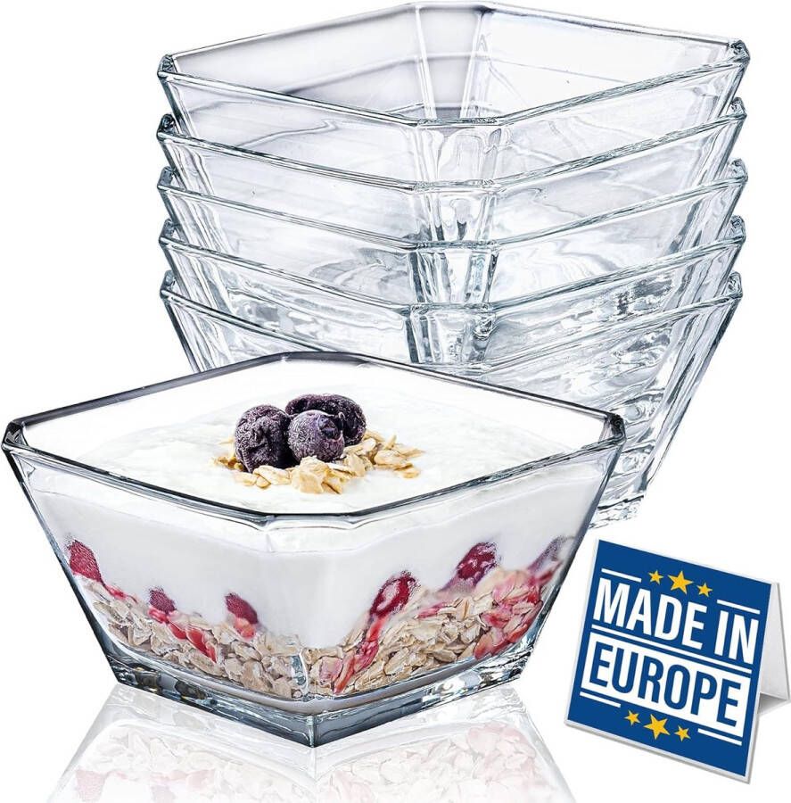 Merkloos Premium Design Stapelbare Glazen Dessertkommen Set van 6 300ml 100% loodvrije ijscoupe ijskommen glazen kommen fruitserveerschalen dips snoep en bijgerechten notenkommen dessertkom