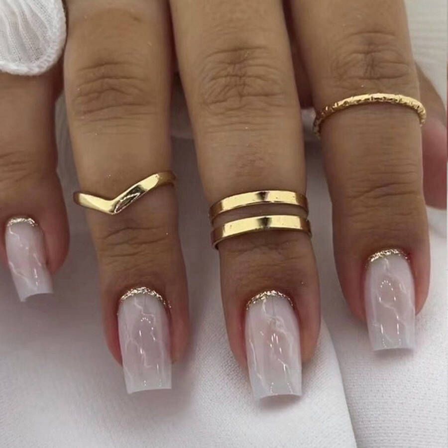 Merkloos Press On Nails Nep Nagels Glitter Goud Roze Short Coffin Manicure Plak Nagels Kunstnagels nailart Zelfklevend
