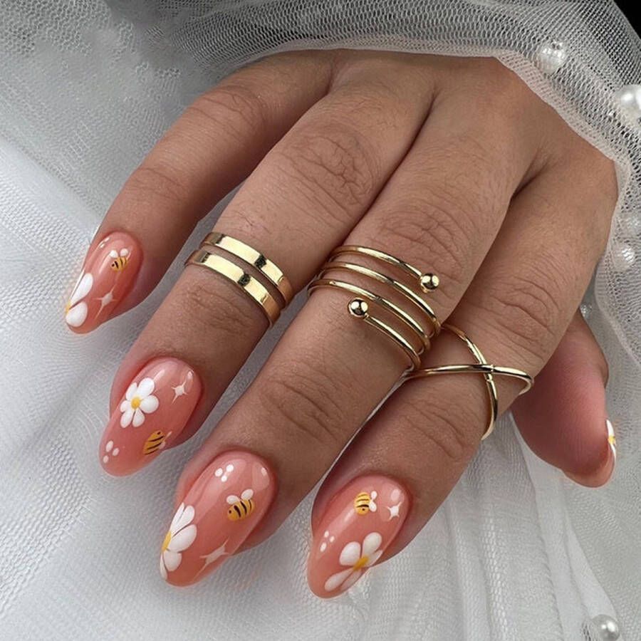 Merkloos Press On Nails Nep Nagels Oranje Roze Floral Almond Manicure Plak Nagels Kunstnagels nailart Zelfklevend