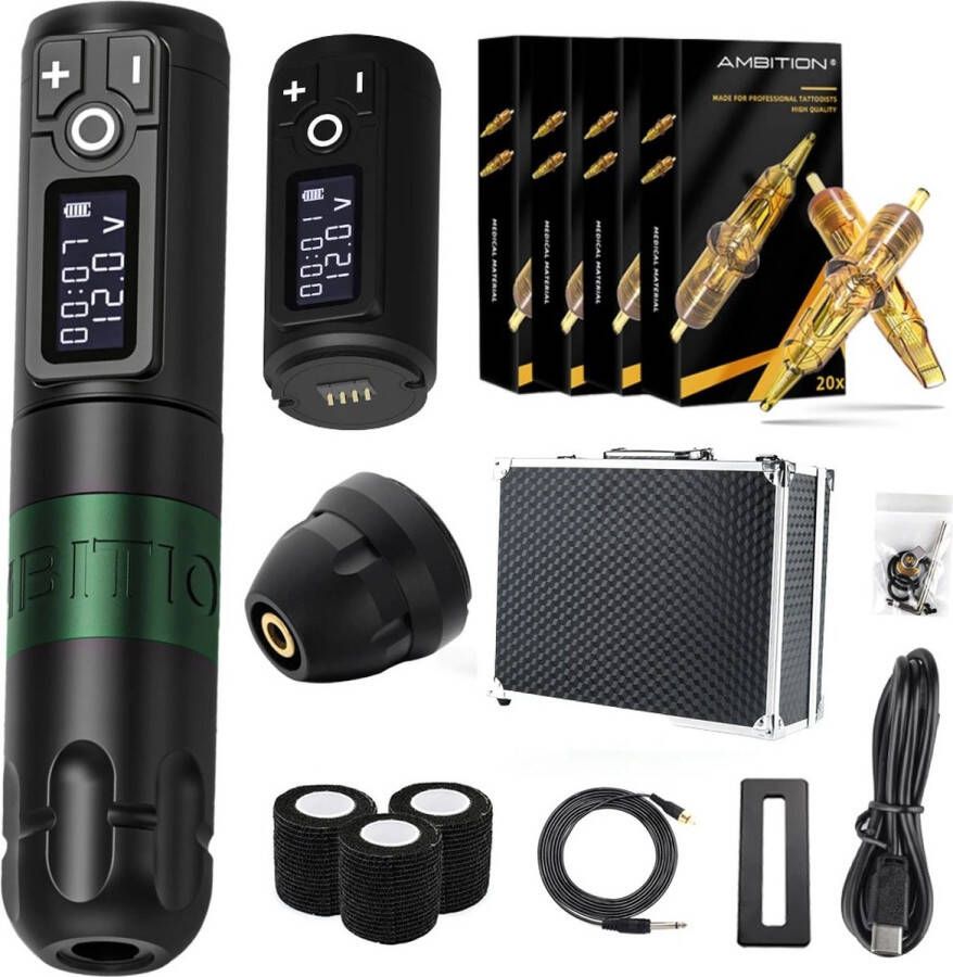 Merkloos Professionele Tattoo Machine Set Draadloos Tattoo machine Complete set Incl. 80 Naalden Tattoo Machine Pen Cartridges Tattoo Kit Tattoo set Zwart met Groen