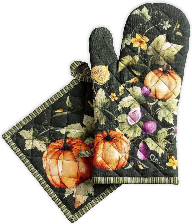 Merkloos Pumpkin Garden-Donkergroen 100% kattenset ovenwanten (19 cm x 33 cm) en pannenlappen (20 cm x 20 cm) voor BBQ koken bakken magnetron grillen Thanksgiving Kerstmis