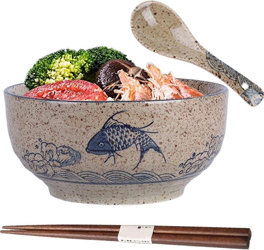 Merkloos Ramen Kom Set Japanse Soepkom met Lepel en Eetstokjes Keramiek Ramen-kom Ramen Bowl Japanse Kom Soepkommen voor Pasta udon Aziatische Noedels 6 25 inch