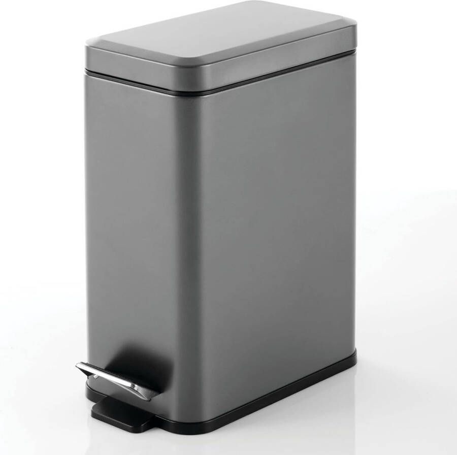 Merkloos rechthoekige pedaalemmer met een inhoud van 10 L – compacte prullenbak met binnenemmer voor de badkamer keuken of kantoor – moderne vuilnisbak van metaal en kunststof – donkergrijs
