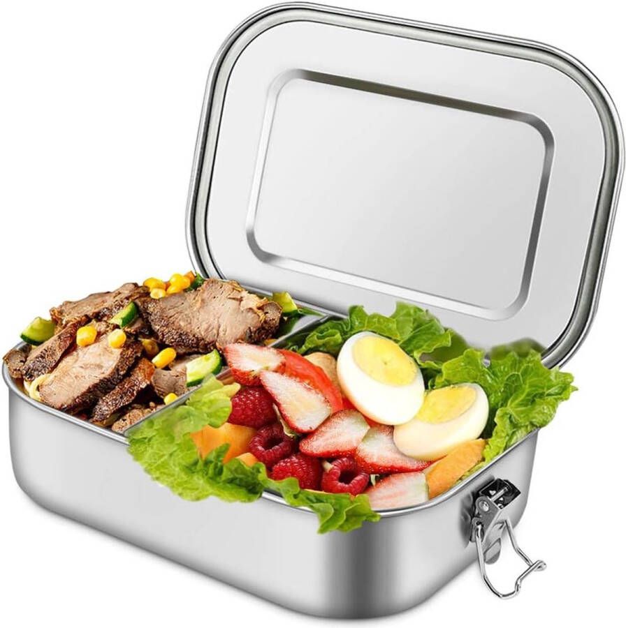 Merkloos Roestvrijstalen lunchbox lekvrijke Bento Box BPA-vrij 1400 ml lunchbox met afneembare scheidingswand milieuvriendelijke broodtrommel grote broodtrommel voor wandelen plagen school kinderen en volwassenen