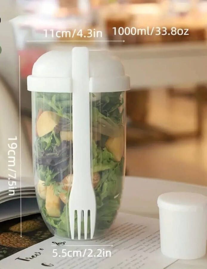 Merkloos Saladebeker Deksel Groente- en fruitsaladebeker Vork Houder Salade Thuis Vershoudcontainer Draagbaar Lunchbox- Gezondeten meenemen Yogurt Muslie Appart saus bakje