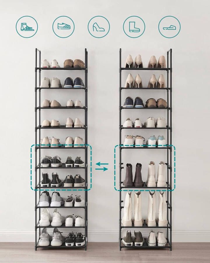 Merkloos Schoenenrek 10 niveaus schoenenrek schoenenopberger smal 28 x 45 x 173 cm metalen frame planken van vliesstof voor hal slaapkamer zwart