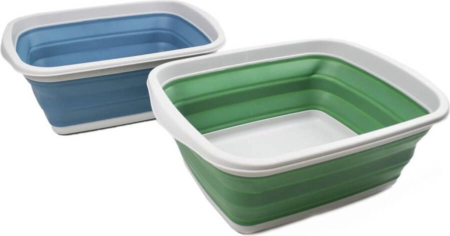 Merkloos Set van 10 liter met 2 inklapbare badkuipen opvouwbare afwasbak draagbare wastafel ruimtebesparende kunststof wasmand (donker zeegroen + staalblauw 2)