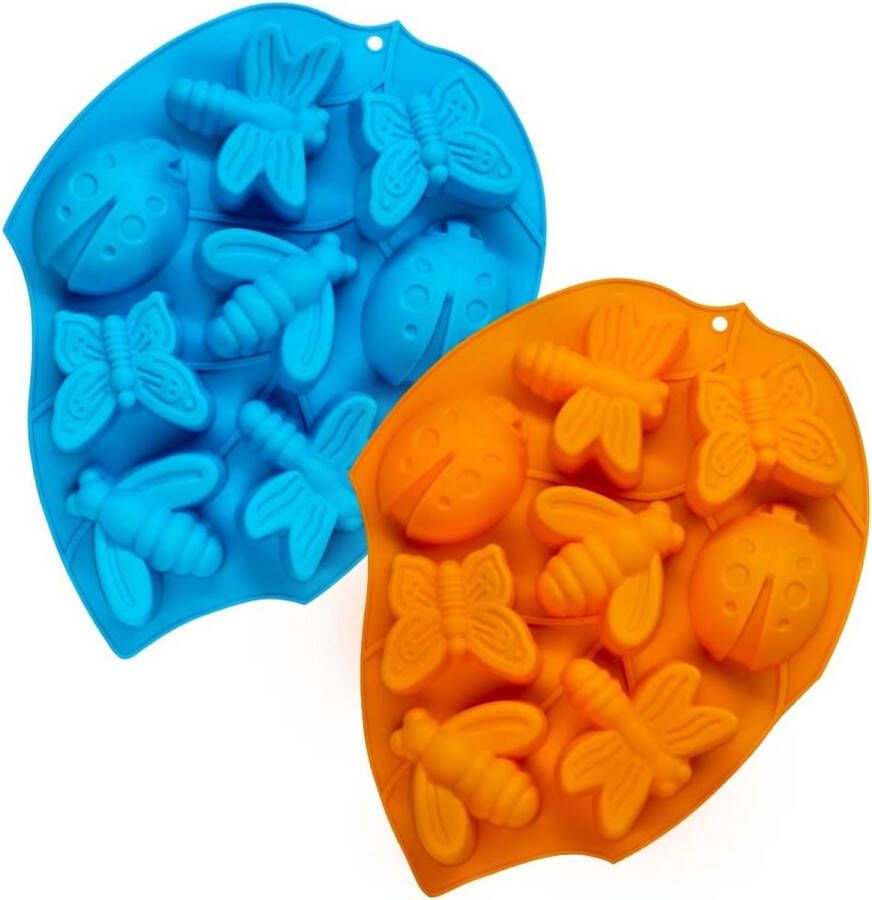 Merkloos Set van 2 3D-siliconen bakvormen insectenmuffinvorm met 8 holtes keukengebakbakvorm voor Fat Bomb Praline Cupcake-zeepkaars Blauw Oranje