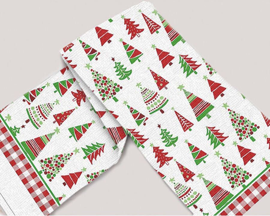 Merkloos Set van 2 gastendoekjes handdoeken keukendoeken 64x38cm Kerstbomen groen en rood