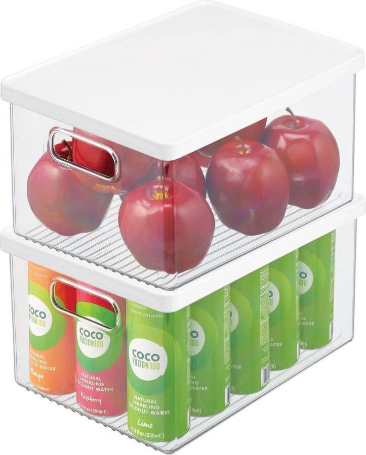 Merkloos Set van 2 koelkastdozen – koelkast vorraaddoos met handgrepen en afneembare deksel – voedselveilige opbergdoos van kunststof voor keuken en eetkamer – doorzichtig wit