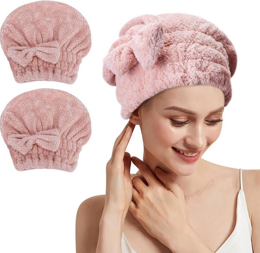Merkloos Set van 2 microvezel haarhanddoeken haardrooghanddoeken haartulband sneldrogend springhoed superabsorberend haarwikkelhanddoeken hoofddoek zacht voor dik lang haar 2 roze