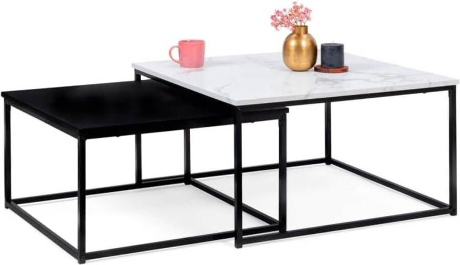 Merkloos Set van 2 salontafels Alaska vierkant 60 70 cm marmereffect en zwart metalen voet