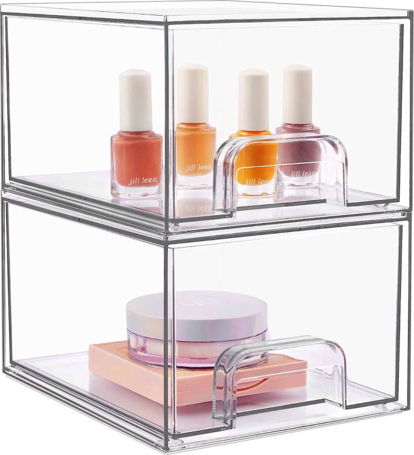 Merkloos Set van 2 stapelbare cosmetische organizer opberglades acryl badkamerorganizer transparante doos voor nagellakopslag ijdelheid keukenkasten voorraadkast