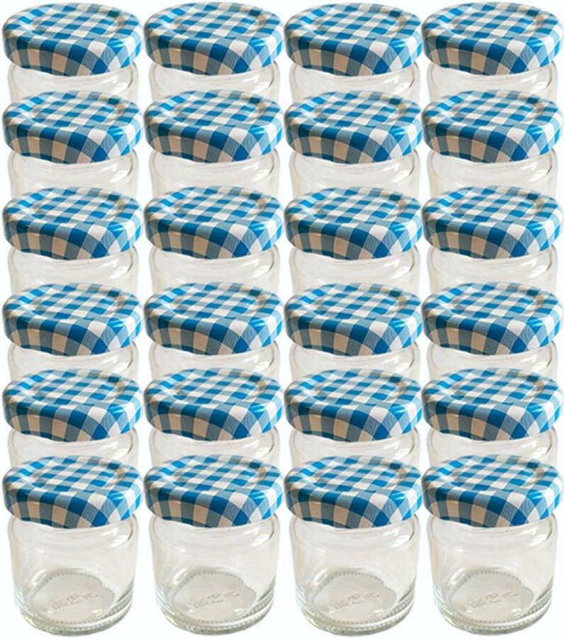Merkloos Set van 28 lege ronde glazen mini-glazen 53 ml dekselkleur blauw wit geruit tot 43 weckpotten jampotten weckpotten mosterd honing glazen inmaakpotten portiepotten probeerglazen