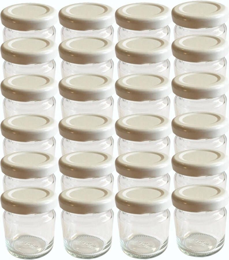 Merkloos Set van 28 lege ronde glazen mini-glazen 53 ml dekselkleur wit To 43 met schroefdeksel jampotten weckpotten honing glazen inmaakpotten portiepotten probeerglazen