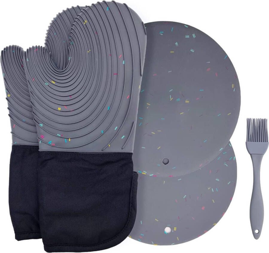 Merkloos Set van 5 hittebestendige ovenwanten en pannenlappen met antislip siliconen coating perfect voor koken bakken en BBQ