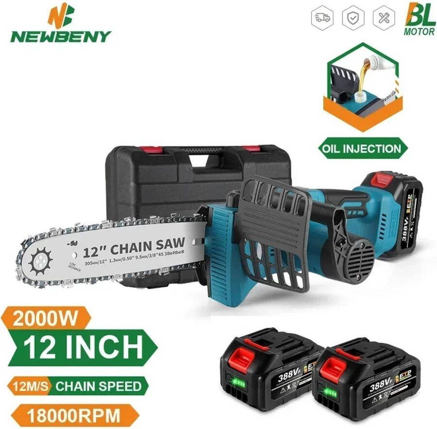 Merkloos Shoppee Electrische Kettingzaag 12 Inch Borstelloze Elektrische Zaag Draadloze Draagbare Tuin Houtbewerking Snijgereedschap Machine -inclusief 2 Batterijen ook voor Makita 18V Batterij