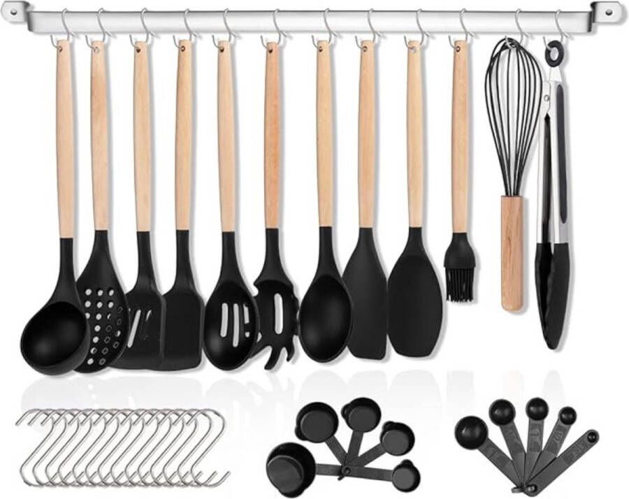 Merkloos Siliconen keukengerei set 38-delig anti-aanbaklaag kookgerei set houten handvat keukengerei gereedschap met multifunctionele haken en gebruiksvoorwerpen houders (zwart)
