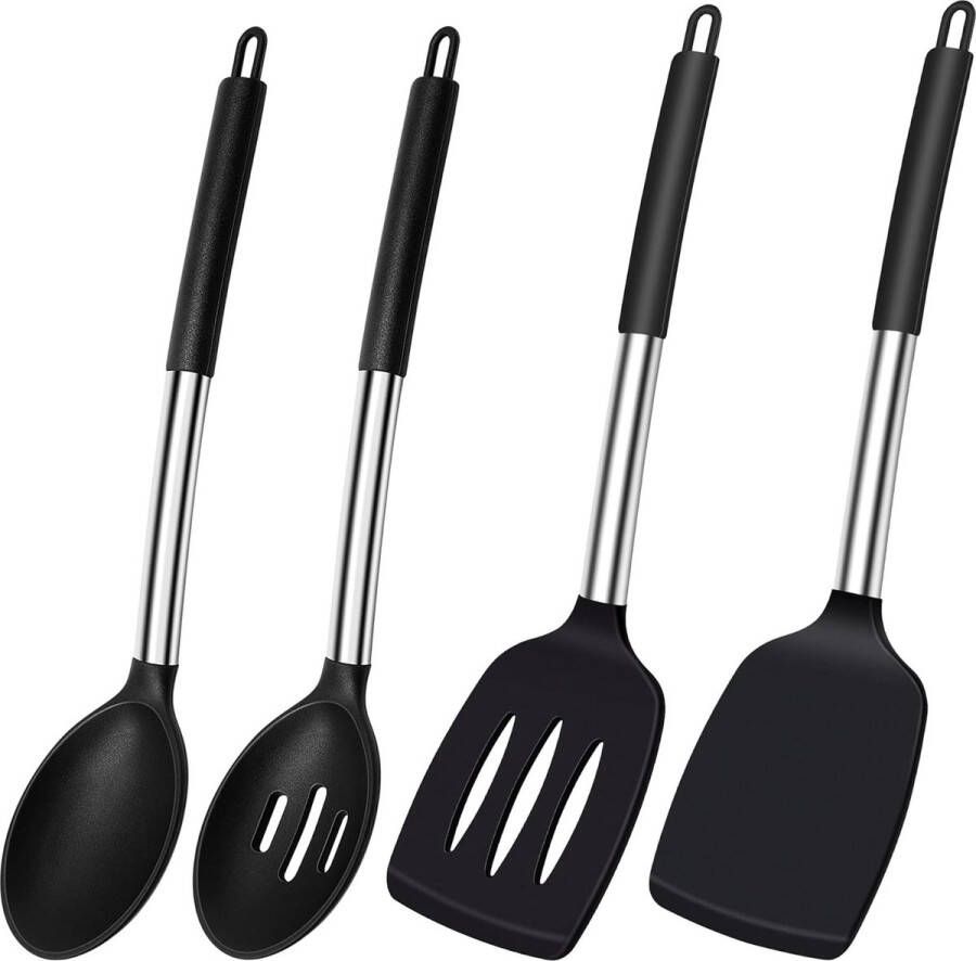 Merkloos Siliconen spatel hittebestendig siliconen spatel keukenpannenspatel sleuf set voor koken BPA-vrij keukenhulp zwart keukengerei vaatwasmachinebestengid 4 stuks