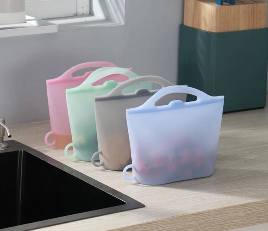Greenz products Siliconen Vershoudzakken Set van 4 ( 2x 1000ML + 2x 1500ML) -(Grijs Roze Groen Blauw) Duurzaam Herbruikbaar Vries & Hitte Bestendig Meal Prep opbergzak Maatbeker Meal Prep container