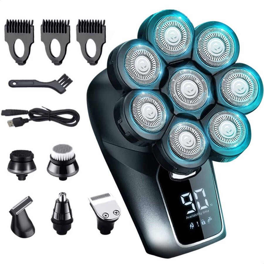 Merkloos 6-in-1 Scheerapparaat Mannen Skull Shaver Scheerapparaat Tondeuse Hoofd Scheerapparaat Mannen Electric Face & Head Shaver Inclusief 9 Opzetstukken Nat & Droog te Gebruiken Neus & Baardtrimmer Scheerapparaten Skullshaver