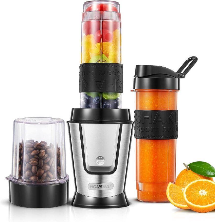 Merkloos Smoothie Maker To Go 500 W blender met elektrische koffiemolen 280 ml elektrische blender met 2 Tritan-kunststof sportfles 570 ml draagbaar BPA-vrij vaatwasmachinebestendig roestvrij