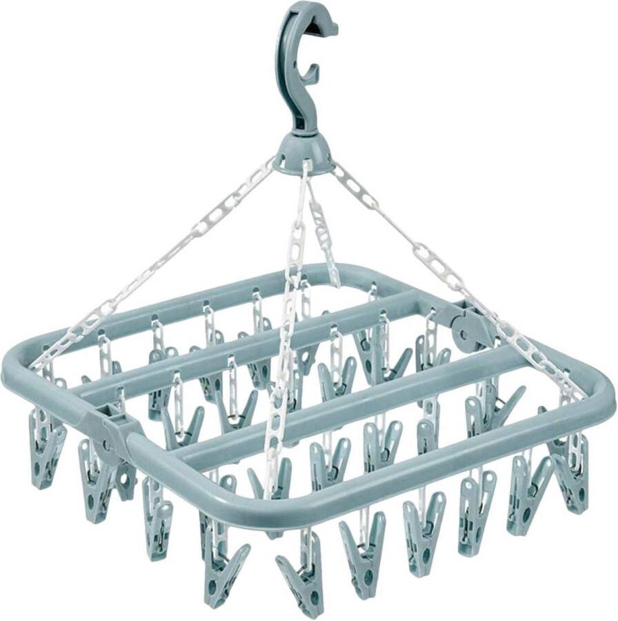 Merkloos Sokken Droger Kledingrek Sokkenhanger Hangende Droger met 32 Clips Opvouwbare Sokkenhanger Draaibare Winddichte Hanger voor Ondergoed Babykleding Kleine Wasitems Blauw BrievenbusPakket