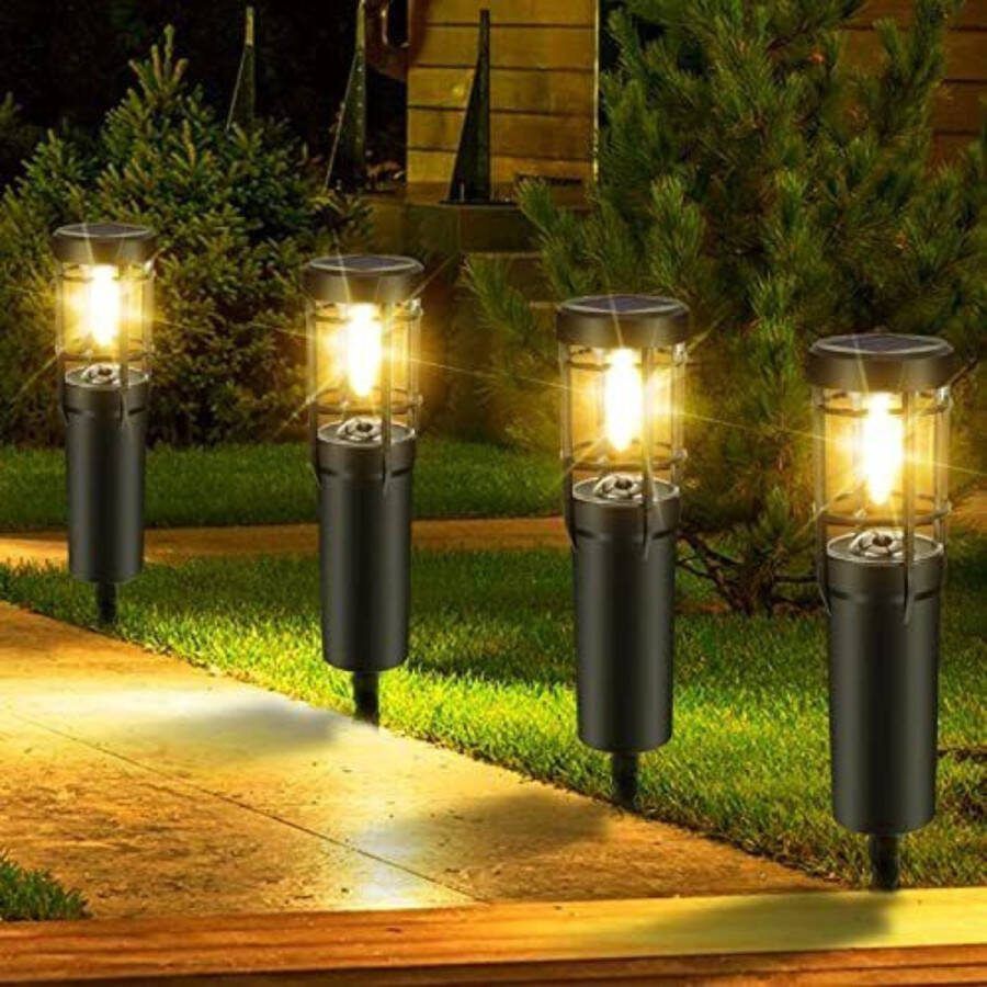 Merkloos Solarverlichting voor tuin 4-delige Padverlichting 900mAh met Warm Tuinverlichting op zonne-energie IP65 Waterdicht Automatisch aan uit voor Buiten Tuin Gazon Binnenplaats Decoratie [Energieklasse G]