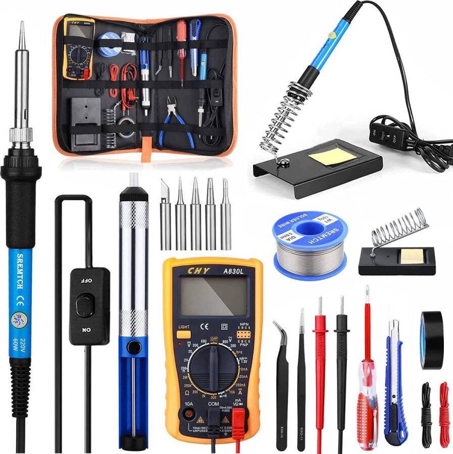 Merkloos Soldeerbout set 21-in-1 Temperatuurregeling 200-450°C Digitale Multimeter Incl. 5 Soldeerpunten Desoldeerpomp