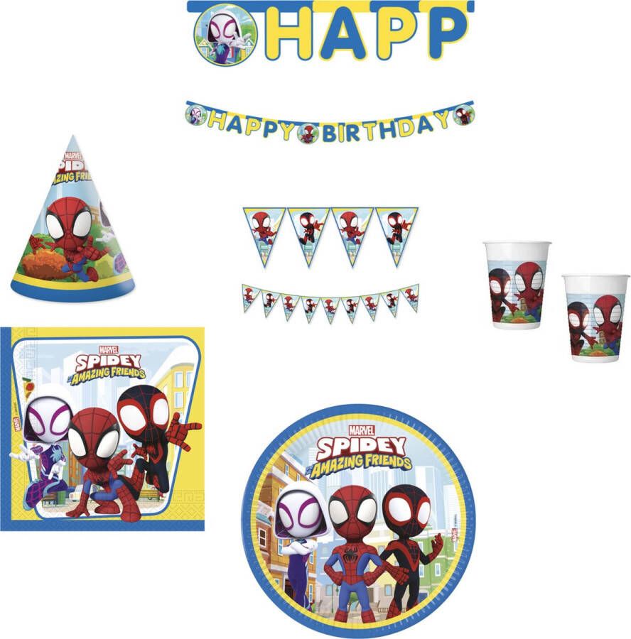 Merkloos Spidey & Friends Spiderman Feestpakket Kinderfeest Voordeelpakket Bekers Bordjes Servetten Vlaggenlijn Happy Birthday slinger Feesthoedjes