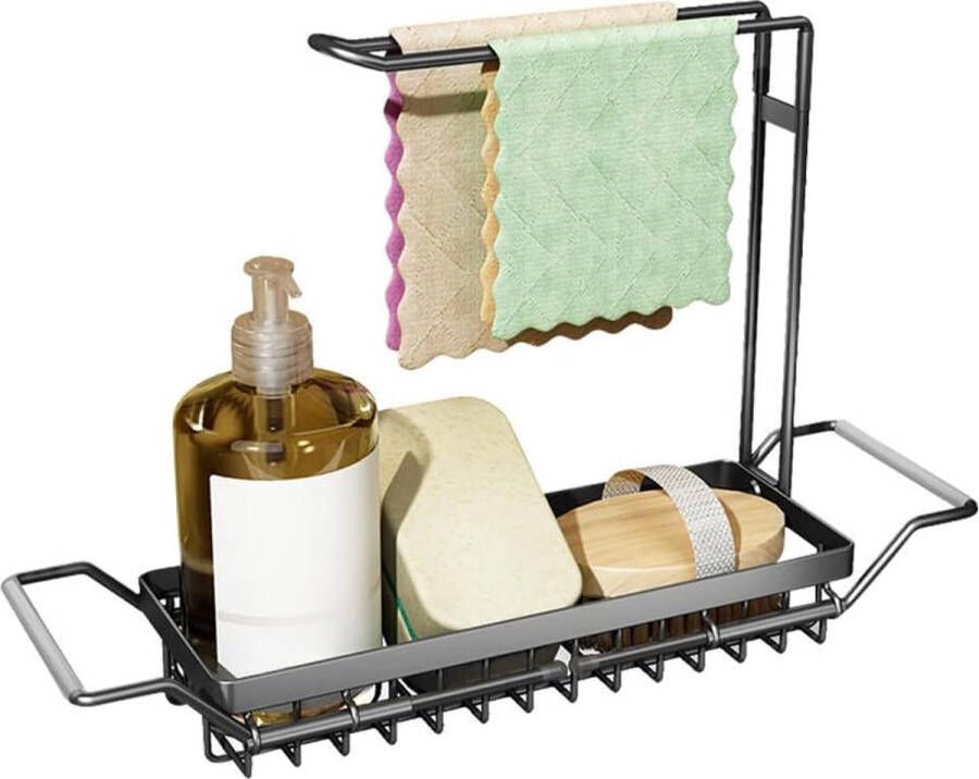 Merkloos Spoelbak organizer met doekhouder spoelorganizer roestvrij staal caddy opberghulp telescoop keukengereihouder wastafel organizer zonder boren (telescoop lengte 42-54 cm)