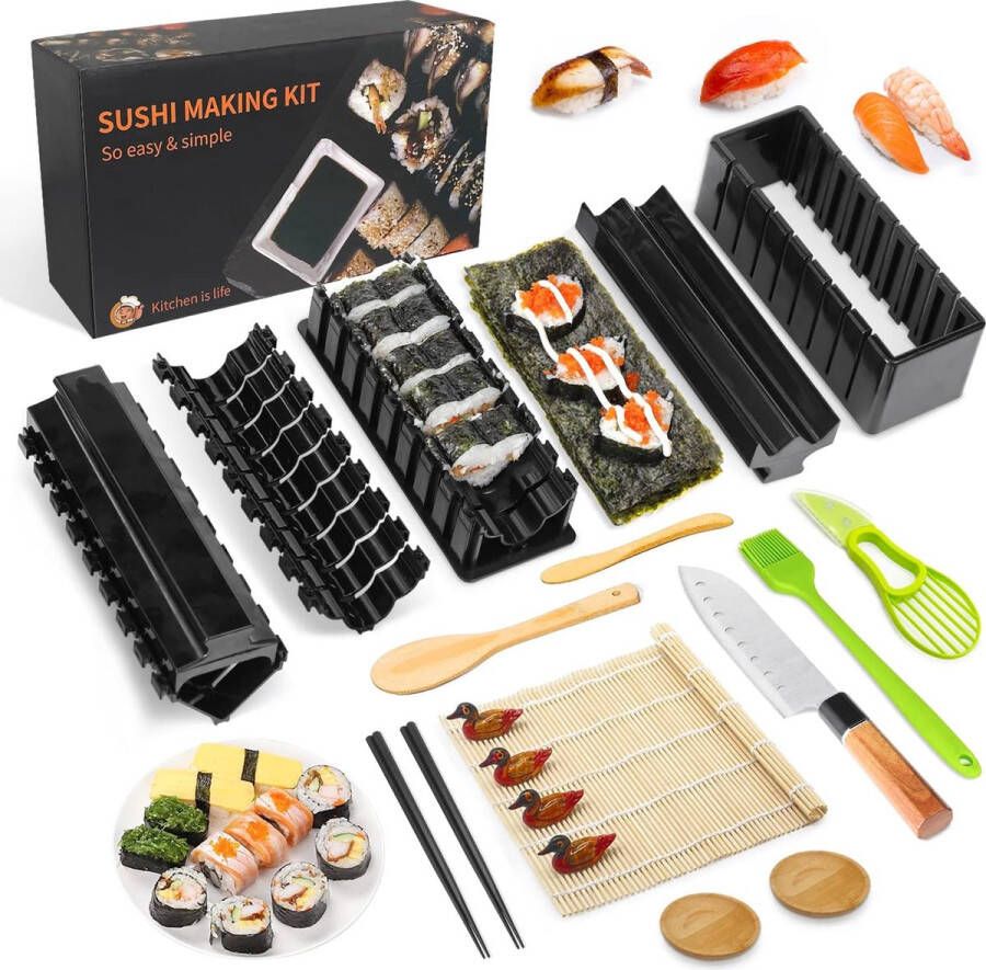 Merkloos Sushi Making Kit Sushi Maker 21-delige doe-het-zelf-set Bamboematten eetstokjes avocadosnijder peddel spreider sushimes eetstokjeshouder sausschaaltjes bakborstel voor beginners