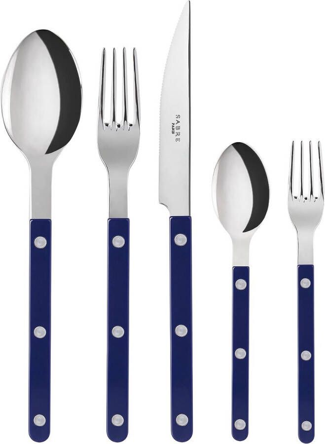 Merkloos Tafelbestek 5-delig bistrot mes vork eetlepel theelepel & taartvork roestvrij staal en nylon vaatwasmachinebestendig marineblauw