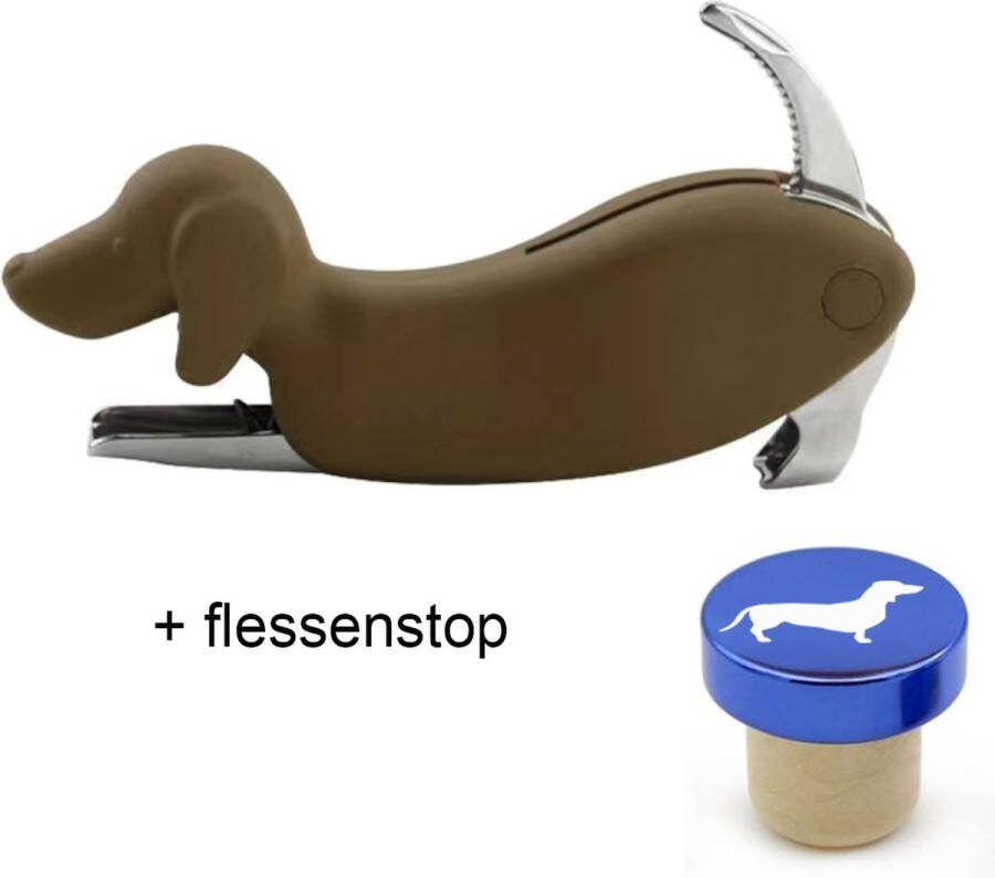 Teckel Hond Kurkentrekker Flessenopener inclusief Flessenstop Kurkstop Flesopener bruin