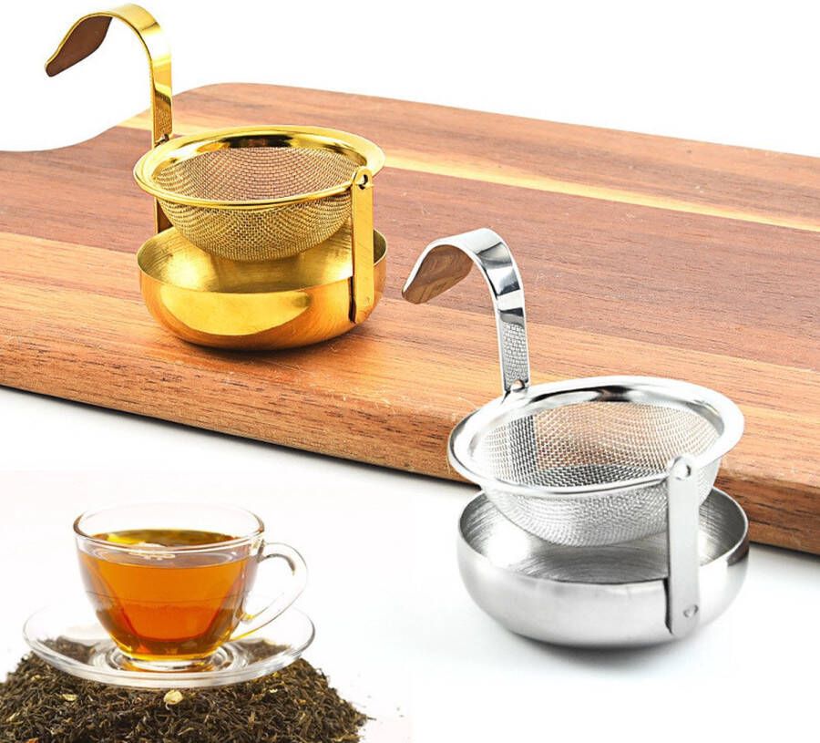 Merkloos Theezeef met handvat inclusief lekbakje Theezeefje voor losse thee infuser Theefilter RVS Zilverkleurig 2 stuks