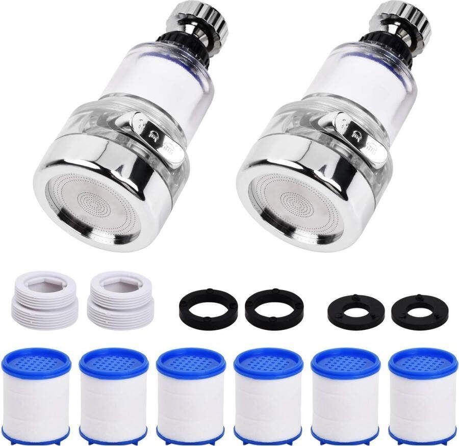 Merkloos Tibapla Waterfilter voor kraan waterzuivering drinkwater 2 stuks 360° waterfilter met 6 PP-katoenen filterelementen kalkfilter voor kranen of douche keuken badkamer