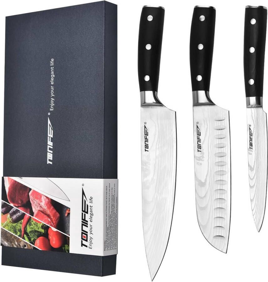 Merkloos TONIFE Keukenmessenset koksmessenset hoge koolstof roestvrij staal chef-koksmes + Santoku mes + klein moedig mes