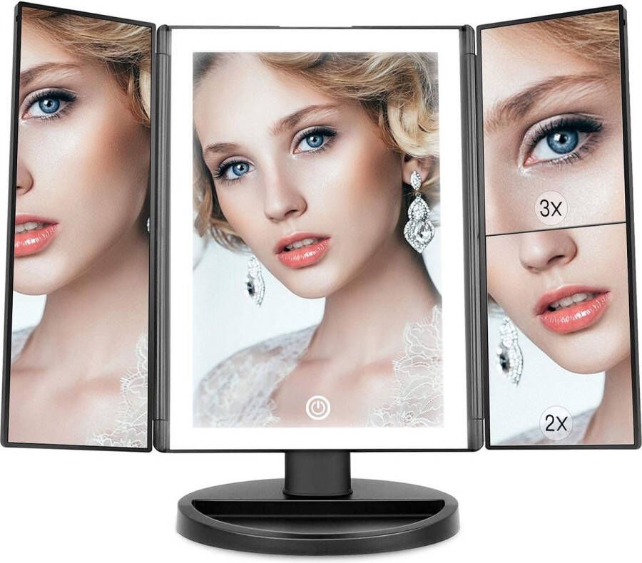 Merkloos Tri fold Make-up Spiegel met 2x 3x Vergroting 36 LED-verlichting Tafelblad Cosmetische Make-up Spiegel(Zwart)