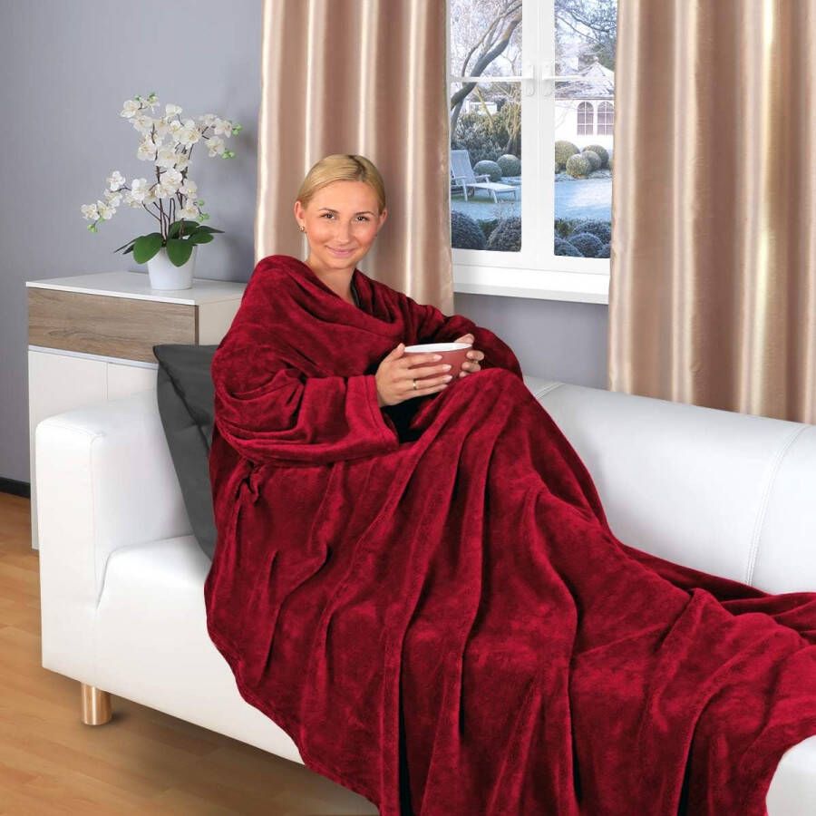 Merkloos tv-deken met mouwen en voetenzak 200 x 170 cm knuffeldeken vele kleuren superzacht XL flanellen microvezelfleece (bordeauxrood)