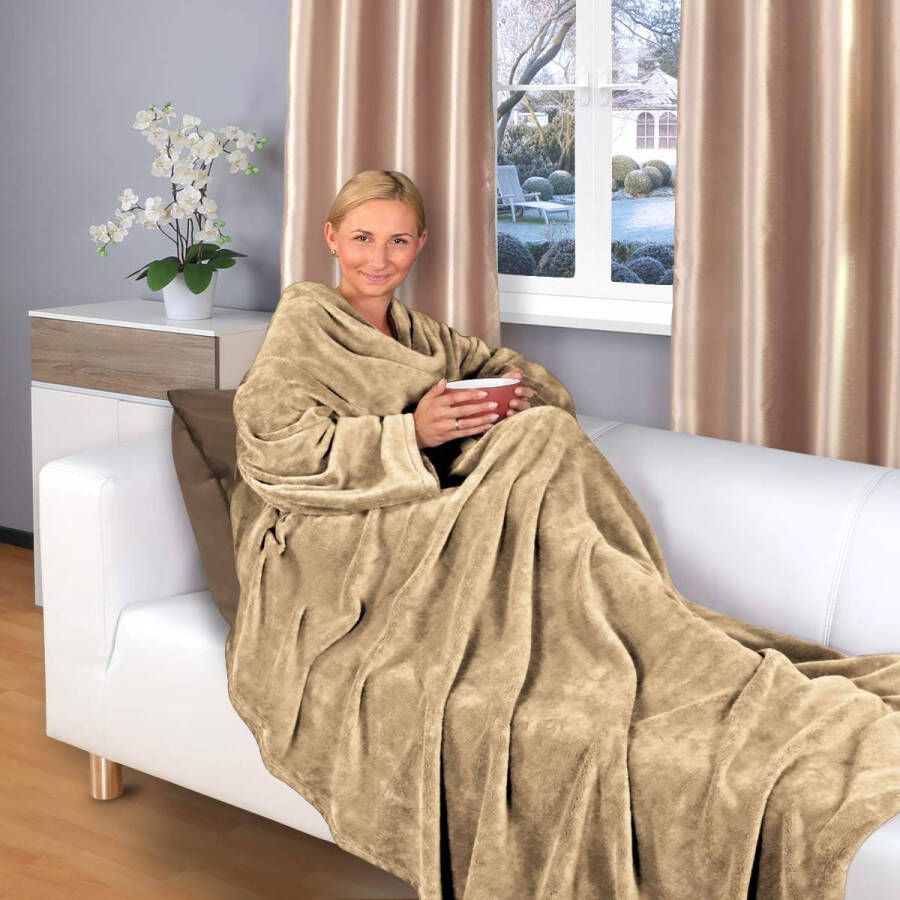 Merkloos tv-deken met mouwen en voetenzak 200 x 170 cm knuffeldeken vele kleuren superzacht XL flanellen microvezelfleece (lichtbruin)