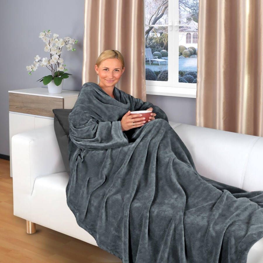 Merkloos tv-deken met mouwen en voetenzak 200 x 170 cm knuffeldeken vele kleuren superzacht XL flanellen microvezelfleece (antraciet)